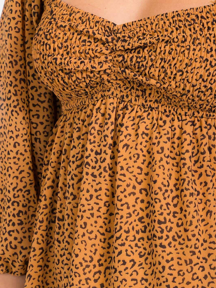 WOMEN'S 3/4 SLEEVES SQUARE NECK HIGH-LOW SMOCK ANIMAL PRINT BLOUSE