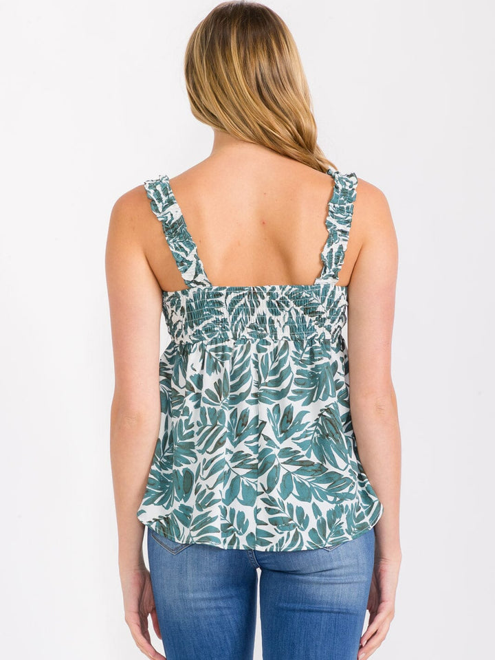 WOMEN'S SLEEVELESS SMOCK PEPLUM LEAF PRINT TANK TOP