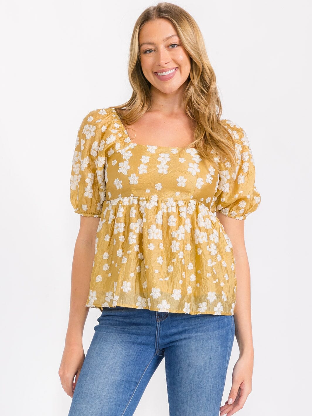 WOMEN'S SHORT PUFF SLEEVES SQUARE NECK FLORAL BLOUSE