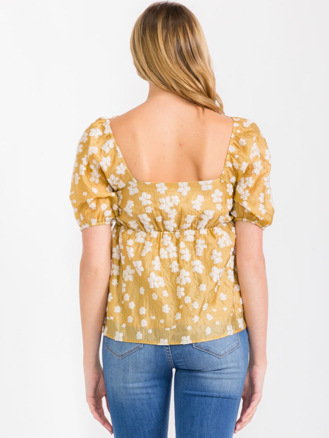 WOMEN'S SHORT PUFF SLEEVES SQUARE NECK FLORAL BLOUSE