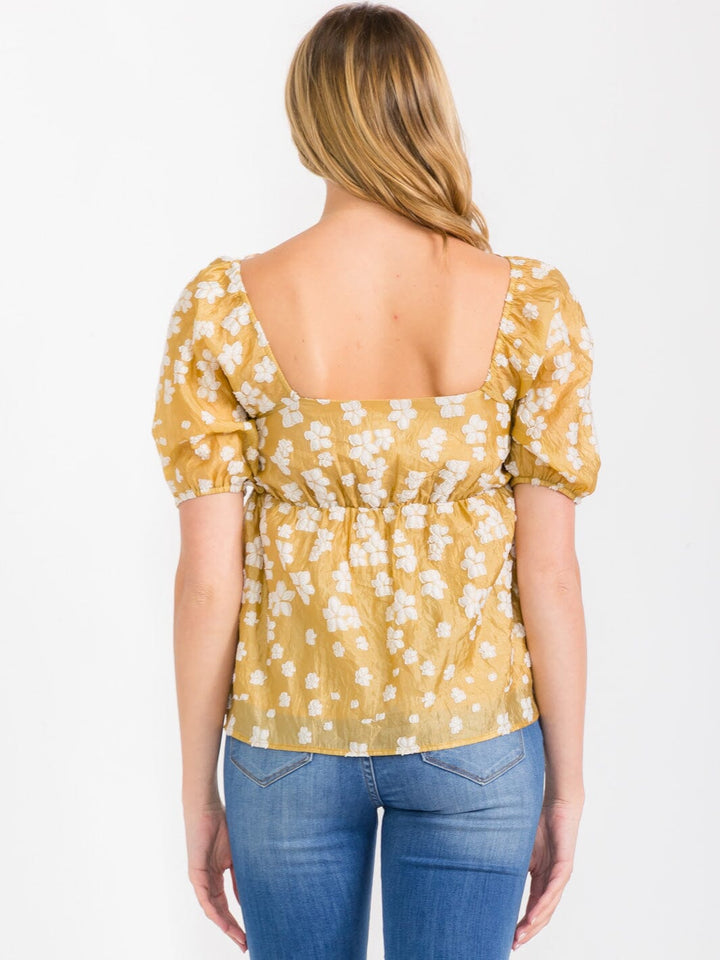 WOMEN'S SHORT PUFF SLEEVES SQUARE NECK FLORAL BLOUSE