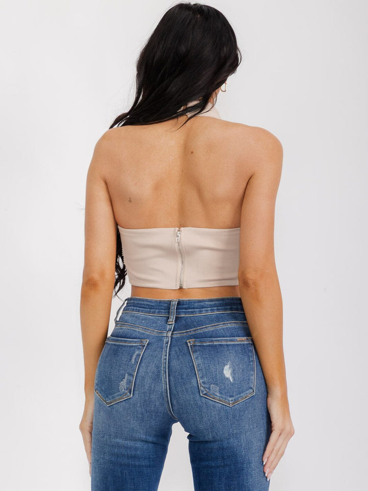 WOMEN'S SLEEVELESS V-NECK STUDS HALTER NECK OPEN BACK CROP TOP