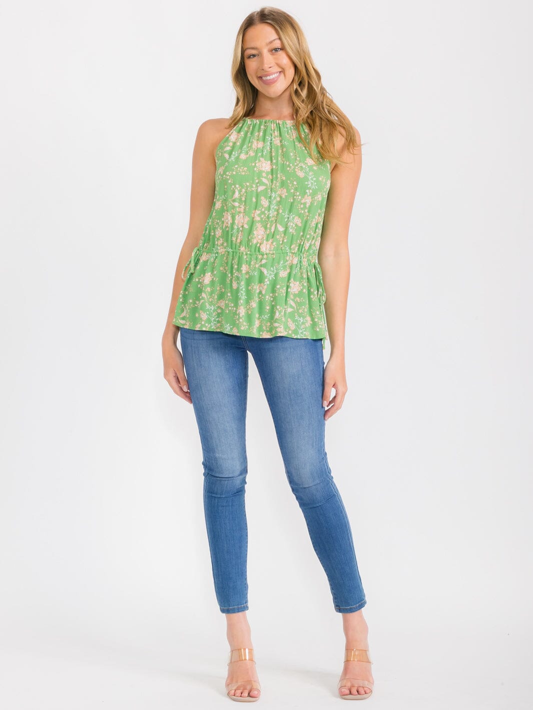 WOMEN'S SLEEVELESS OPEN BACK ADJUSTABLE WAIST FLORAL TOP