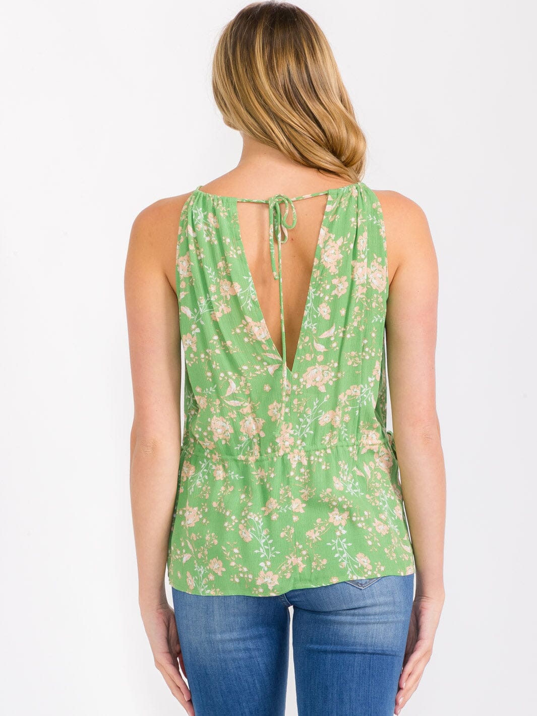 WOMEN'S SLEEVELESS OPEN BACK ADJUSTABLE WAIST FLORAL TOP