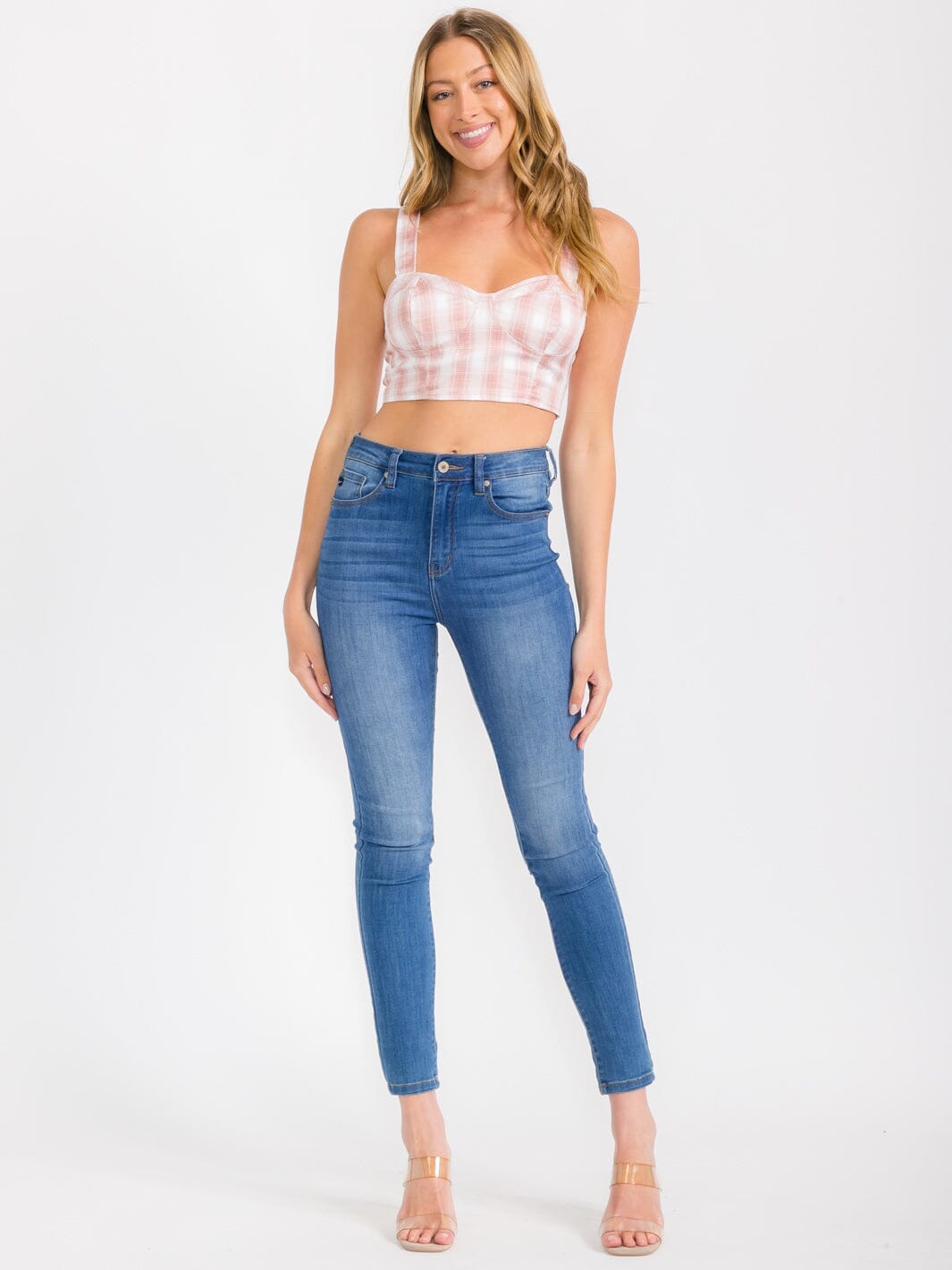 WOMEN'S SLEEVELESS V-NECK PLAID CROP TOP