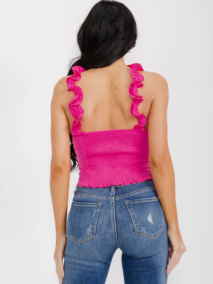 WOMEN'S SLEEVELESS SMOCK RUFFLE STRAPS FRONT FLOWER TOP