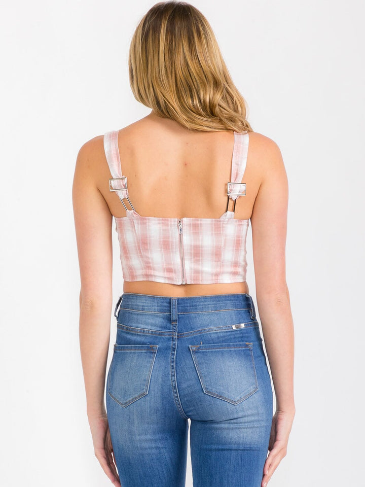 WOMEN'S SLEEVELESS V-NECK PLAID CROP TOP