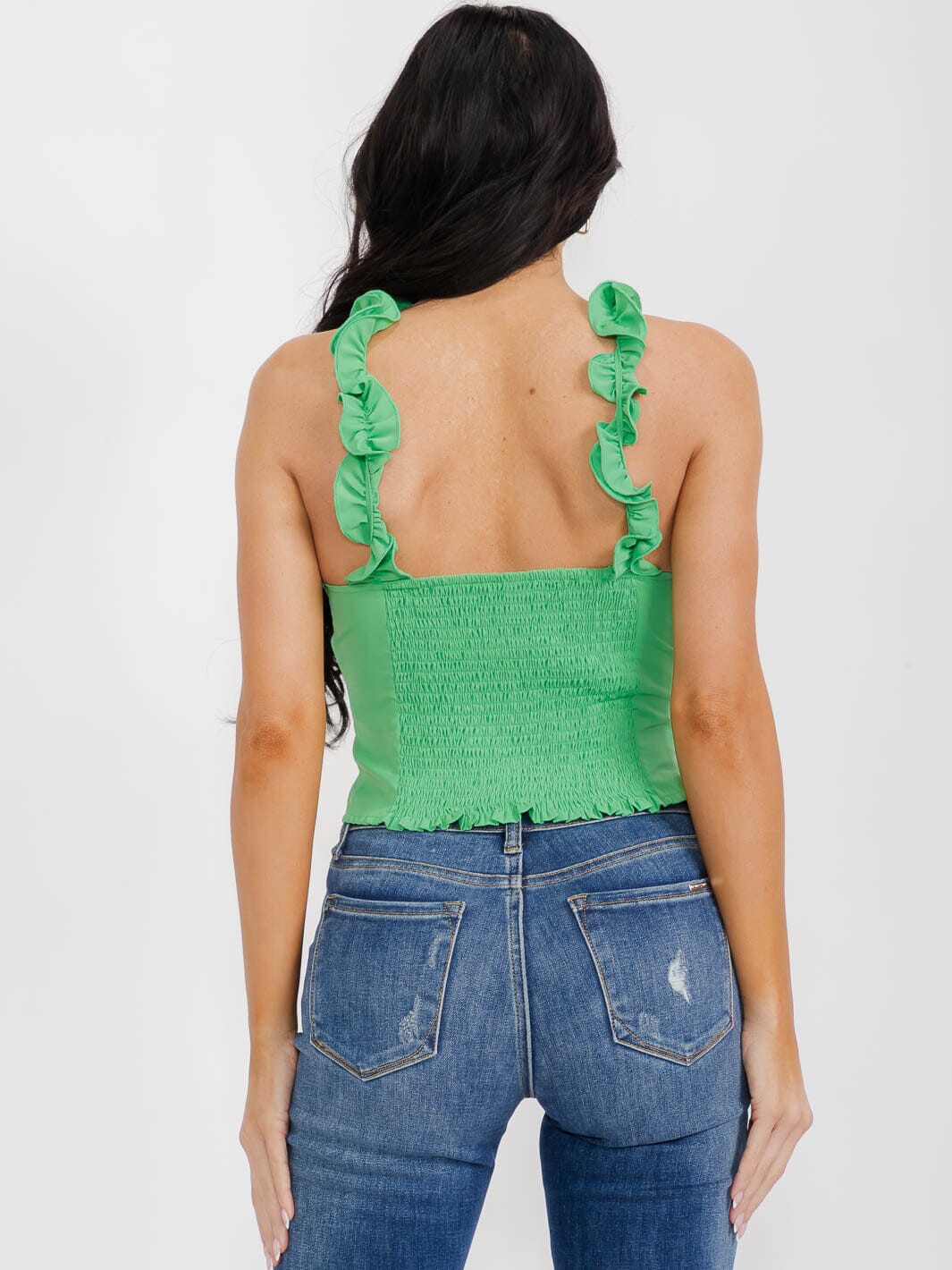 WOMEN'S SLEEVELESS SMOCK RUFFLE STRAPS FRONT FLOWER TOP