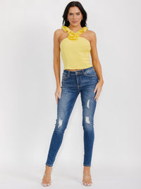WOMEN'S SLEEVELESS SMOCK RUFFLE STRAPS FRONT FLOWER TOP