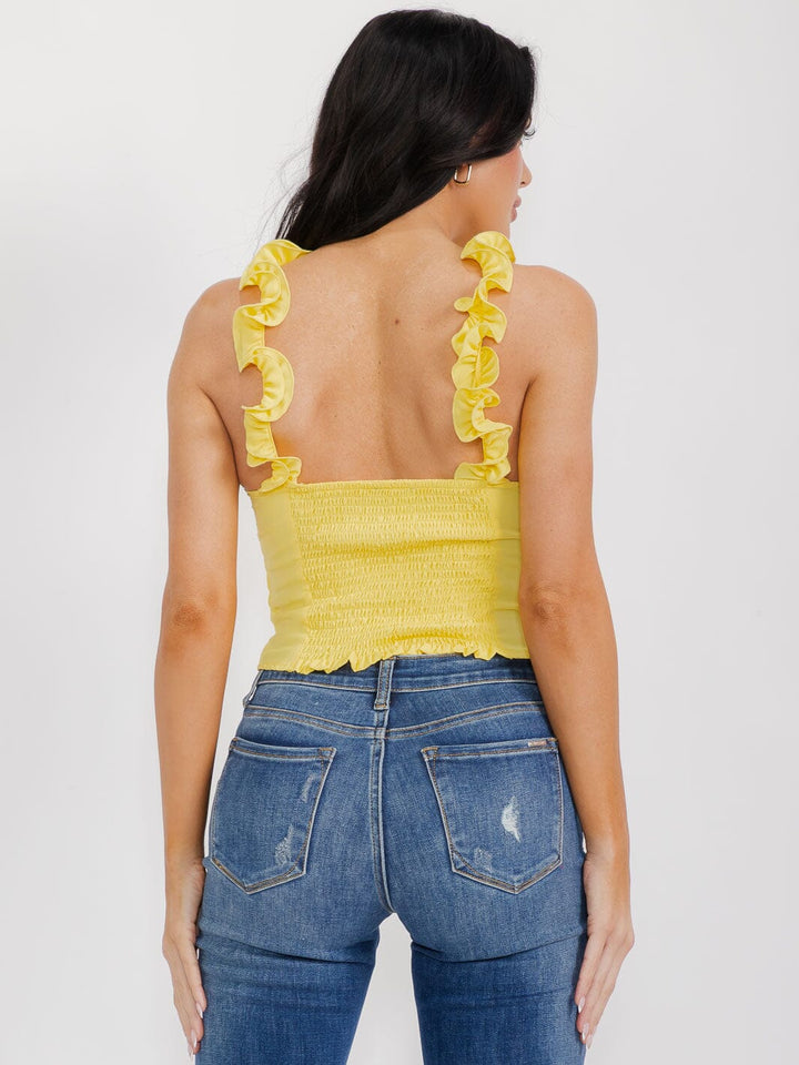 WOMEN'S SLEEVELESS SMOCK RUFFLE STRAPS FRONT FLOWER TOP