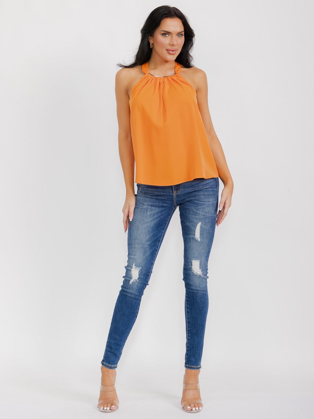 WOMEN'S SLEEVELESS HALTER NECK DETAILED TOP