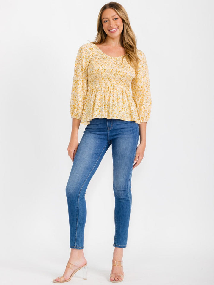 WOMEN'S 3/4 SLEEVES V-NECK SMOCK PEPLUM FLORAL BLOUSE