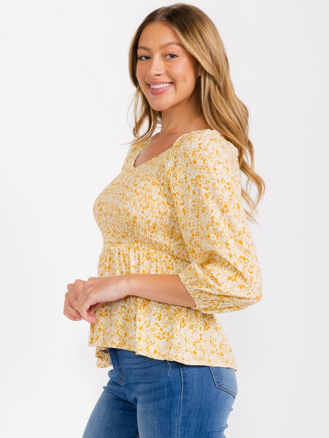 WOMEN'S 3/4 SLEEVES V-NECK SMOCK PEPLUM FLORAL BLOUSE