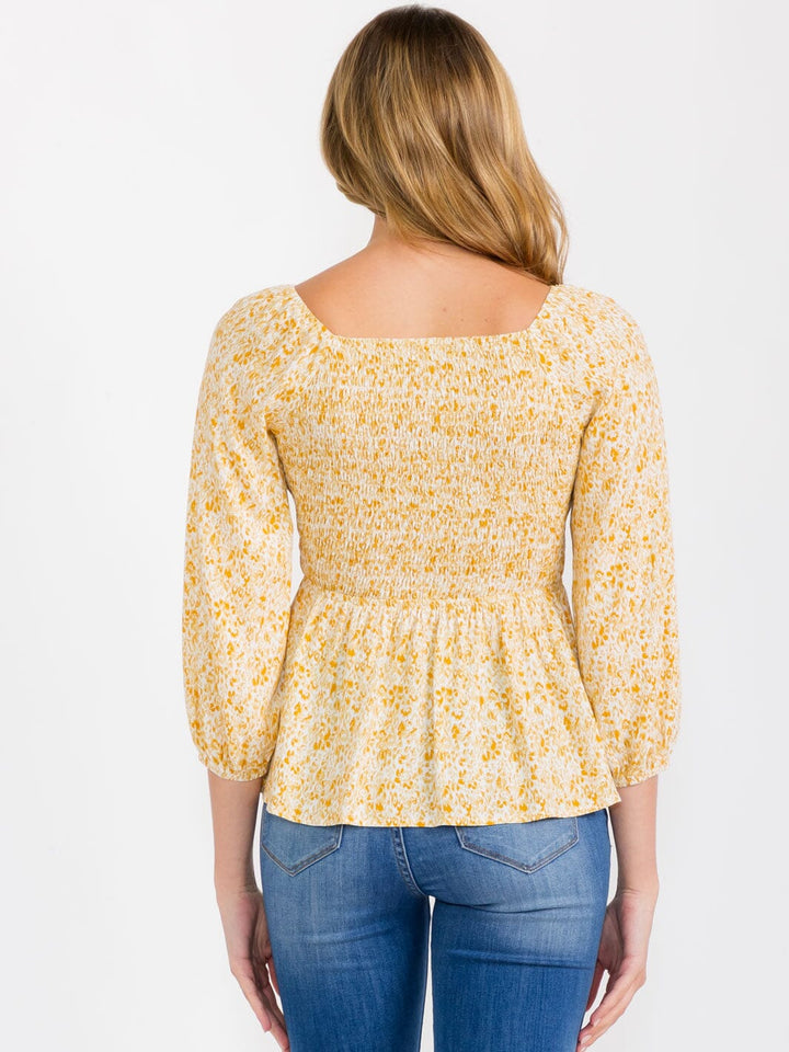WOMEN'S 3/4 SLEEVES V-NECK SMOCK PEPLUM FLORAL BLOUSE