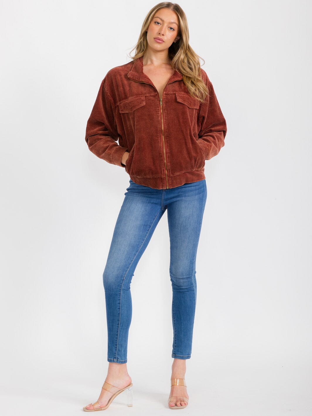 WOMEN'S LONG SLEEVE BUTTON CLOSURE FRONT POCKET CORDUROY JACKET