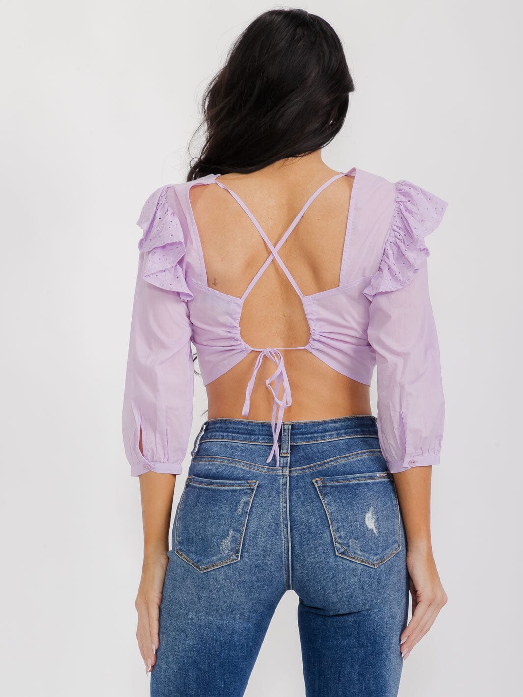 WOMEN'S 3/4 SLEEVES OPEN BACK RUFFLE EYELET CROP TOP