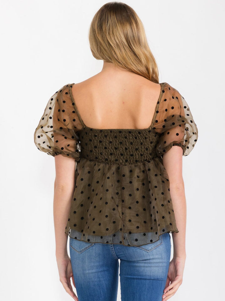 WOMEN'S SHORT PUFF SLEEVES SMOCK PEPLUM BLOUSE