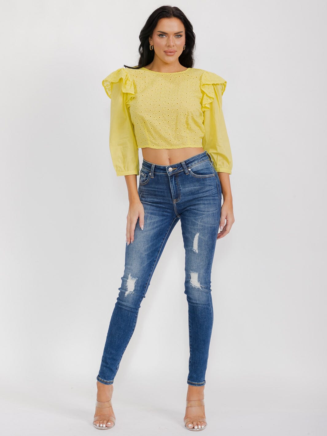 WOMEN'S 3/4 SLEEVES OPEN BACK RUFFLE EYELET CROP TOP