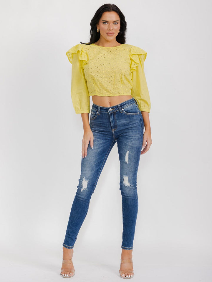WOMEN'S 3/4 SLEEVES OPEN BACK RUFFLE EYELET CROP TOP