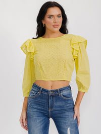 WOMEN'S 3/4 SLEEVES OPEN BACK RUFFLE EYELET CROP TOP