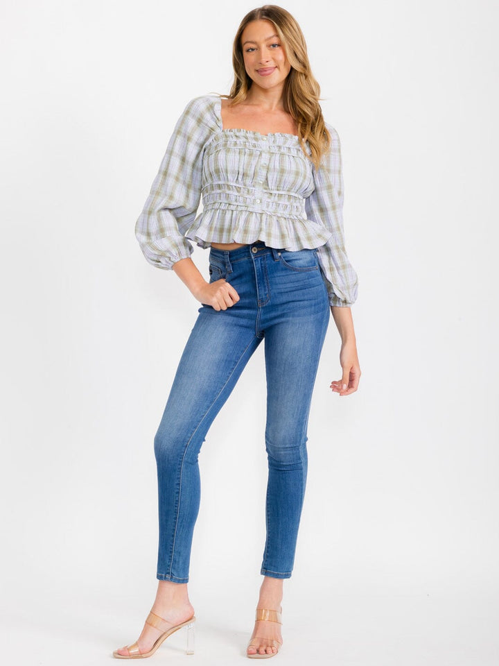 WOMEN'S LONG SLEEVES SMOCK PEPLUM BLOUSE