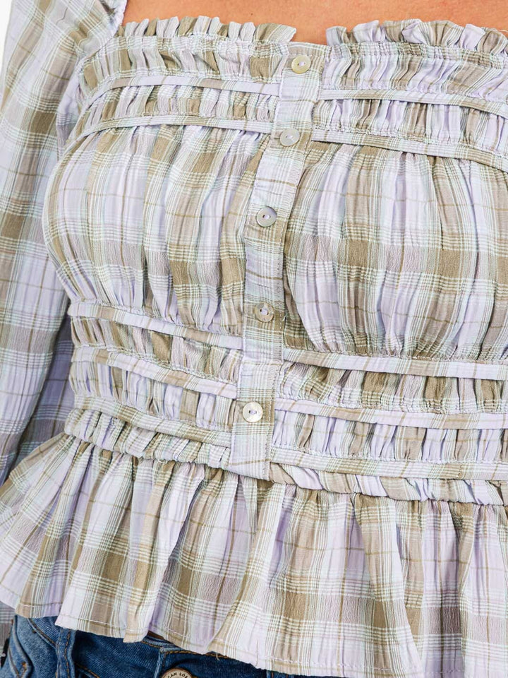 WOMEN'S LONG SLEEVES SMOCK PEPLUM BLOUSE