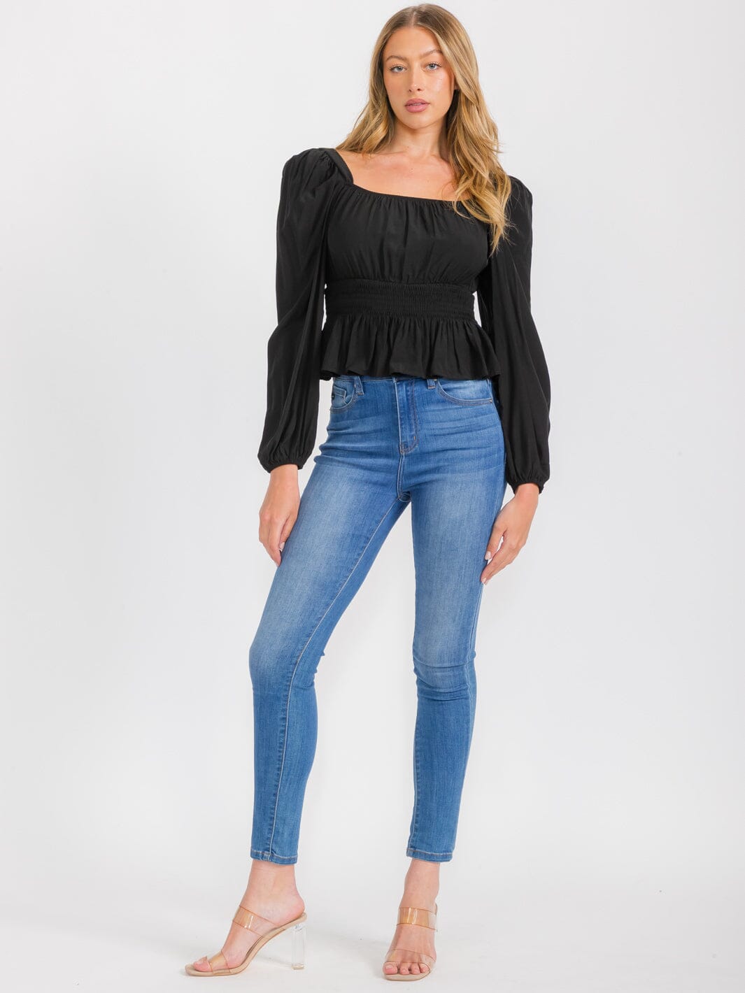 WOMEN'S LONG SLEEVES SQUARE NECK SMOCK PEPLUM BLOUSE