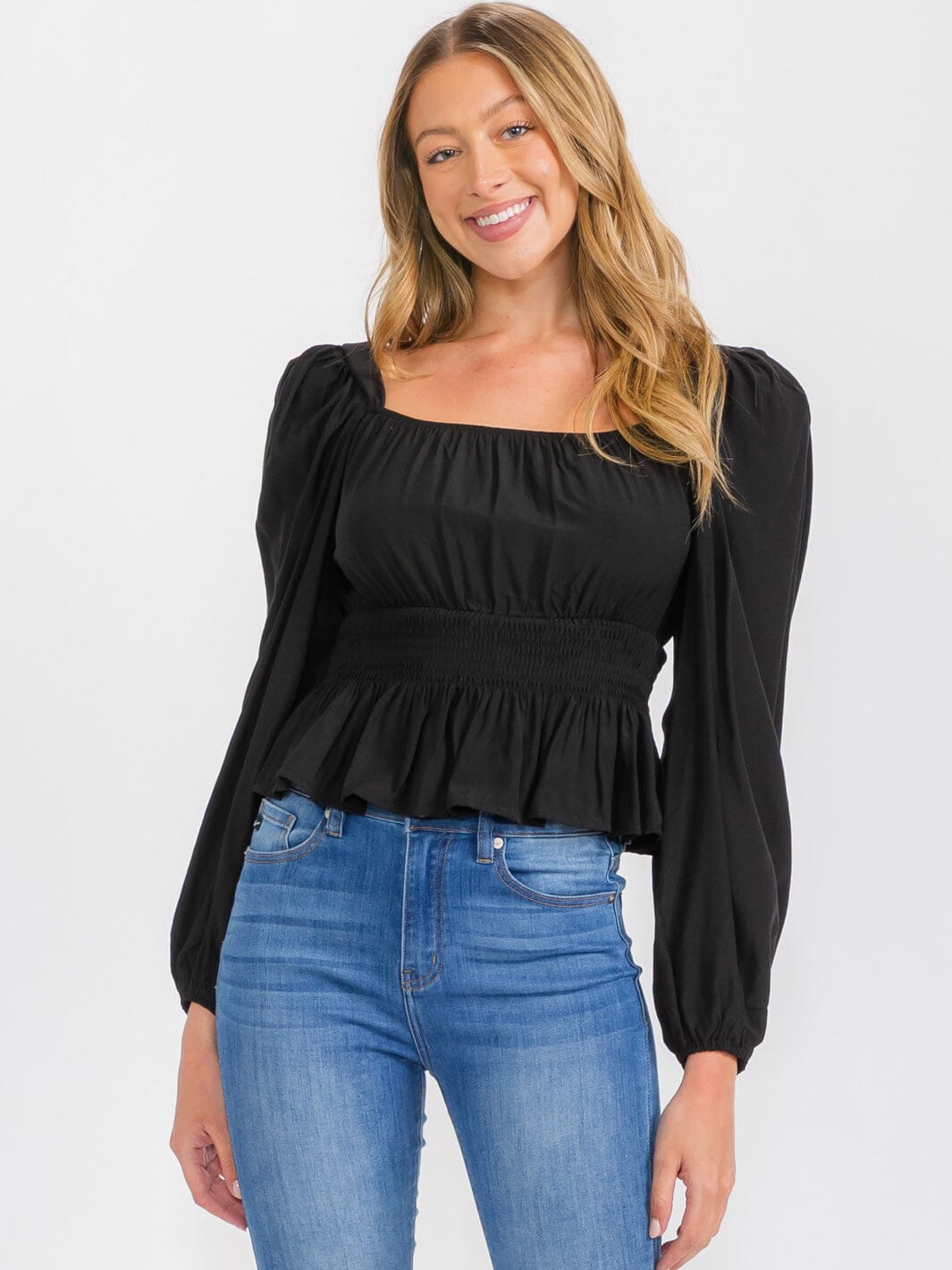 WOMEN'S LONG SLEEVES SQUARE NECK SMOCK PEPLUM BLOUSE