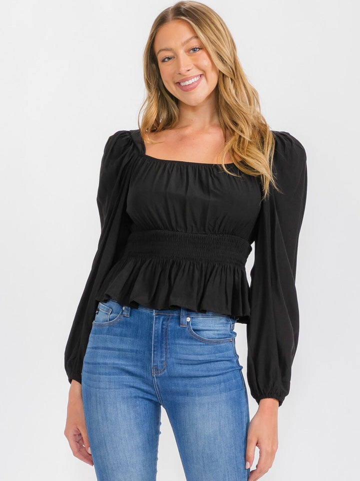 WOMEN'S LONG SLEEVES SQUARE NECK SMOCK PEPLUM BLOUSE