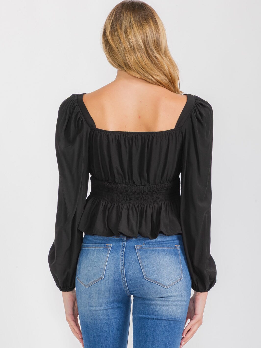 WOMEN'S LONG SLEEVES SQUARE NECK SMOCK PEPLUM BLOUSE