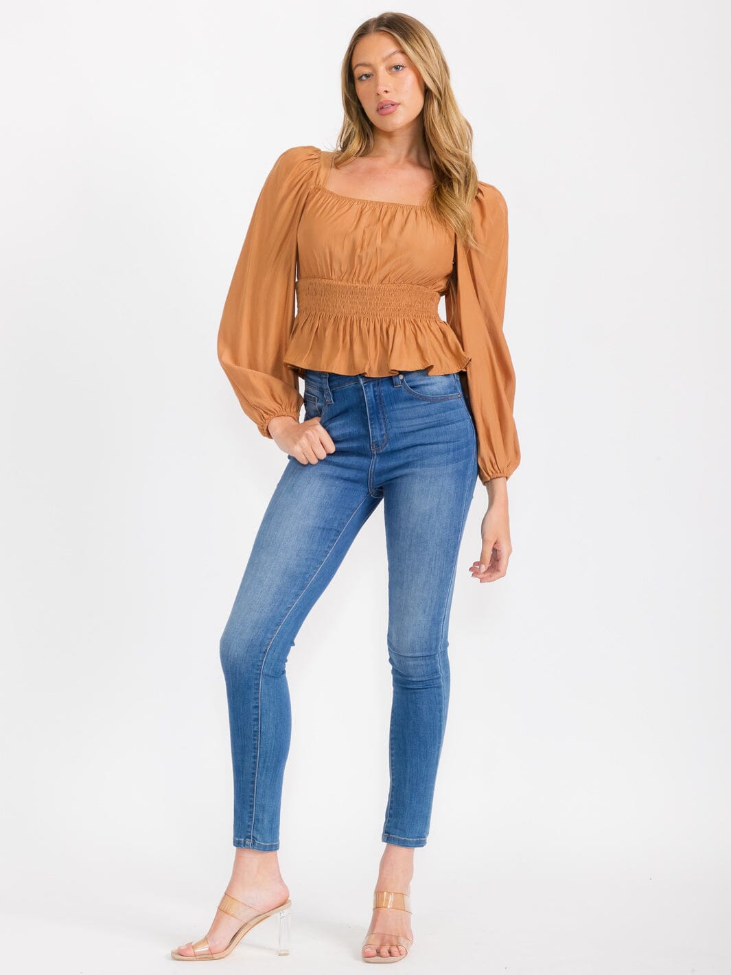 WOMEN'S LONG SLEEVES SQUARE NECK SMOCK PEPLUM BLOUSE