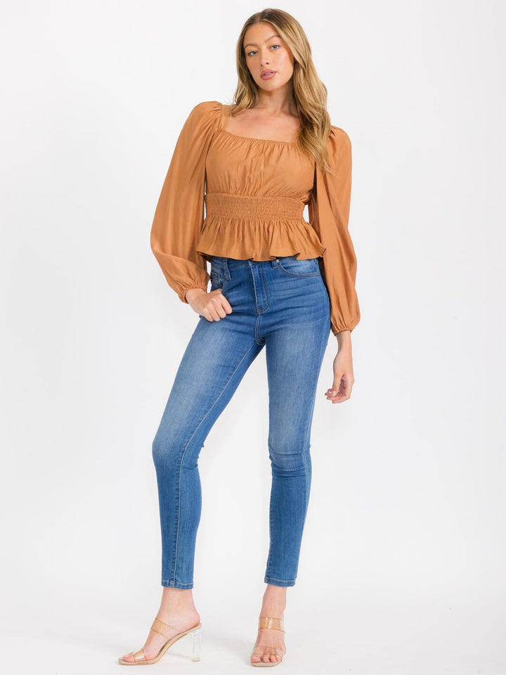 WOMEN'S LONG SLEEVES SQUARE NECK SMOCK PEPLUM BLOUSE