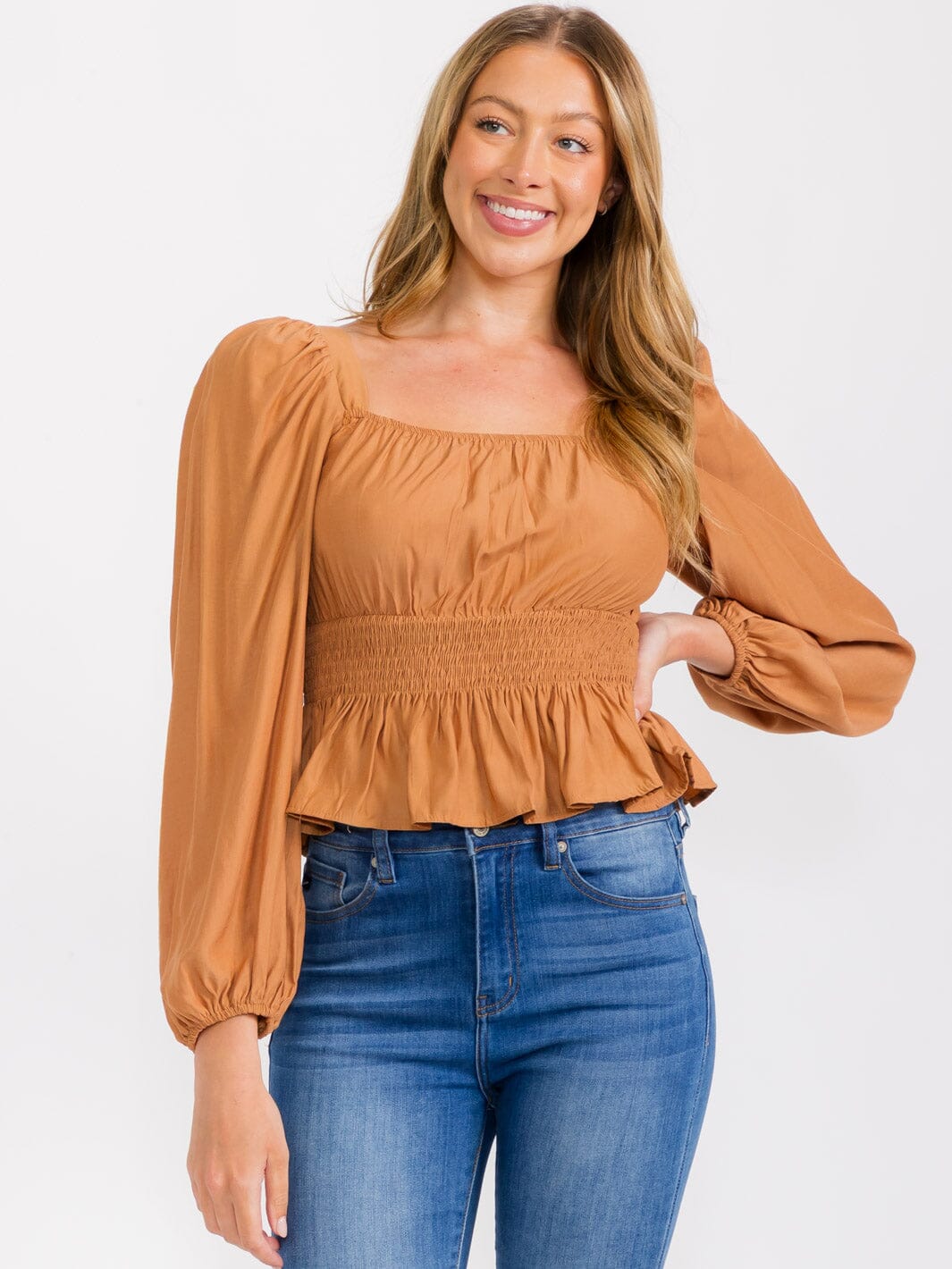 WOMEN'S LONG SLEEVES SQUARE NECK SMOCK PEPLUM BLOUSE