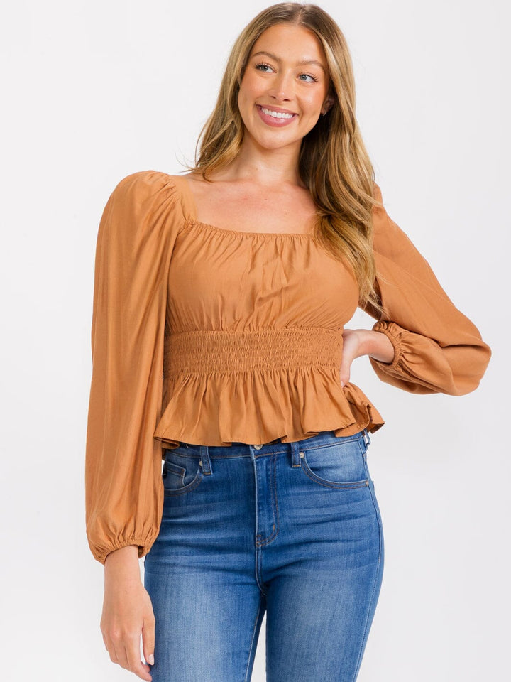 WOMEN'S LONG SLEEVES SQUARE NECK SMOCK PEPLUM BLOUSE