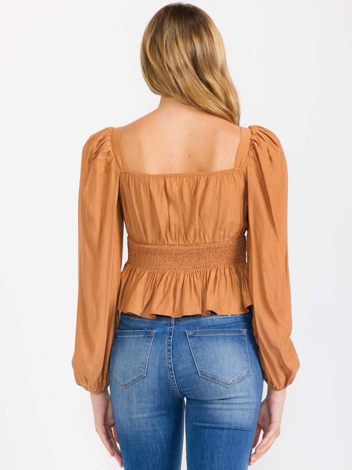 WOMEN'S LONG SLEEVES SQUARE NECK SMOCK PEPLUM BLOUSE