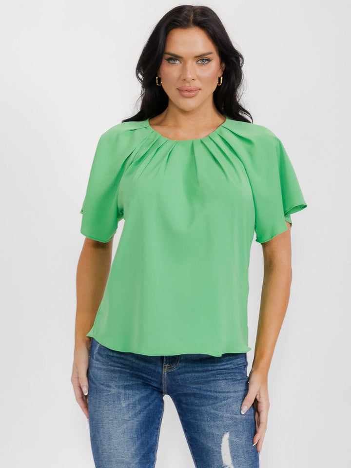 WOMEN'S SHORT SLEEVE CUT OUT BACK BLOUSE