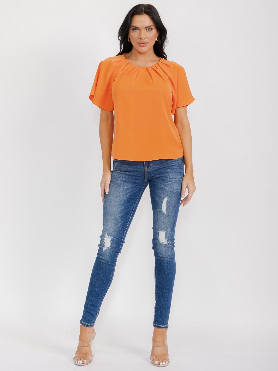 WOMEN'S SHORT SLEEVE CUT OUT BACK BLOUSE