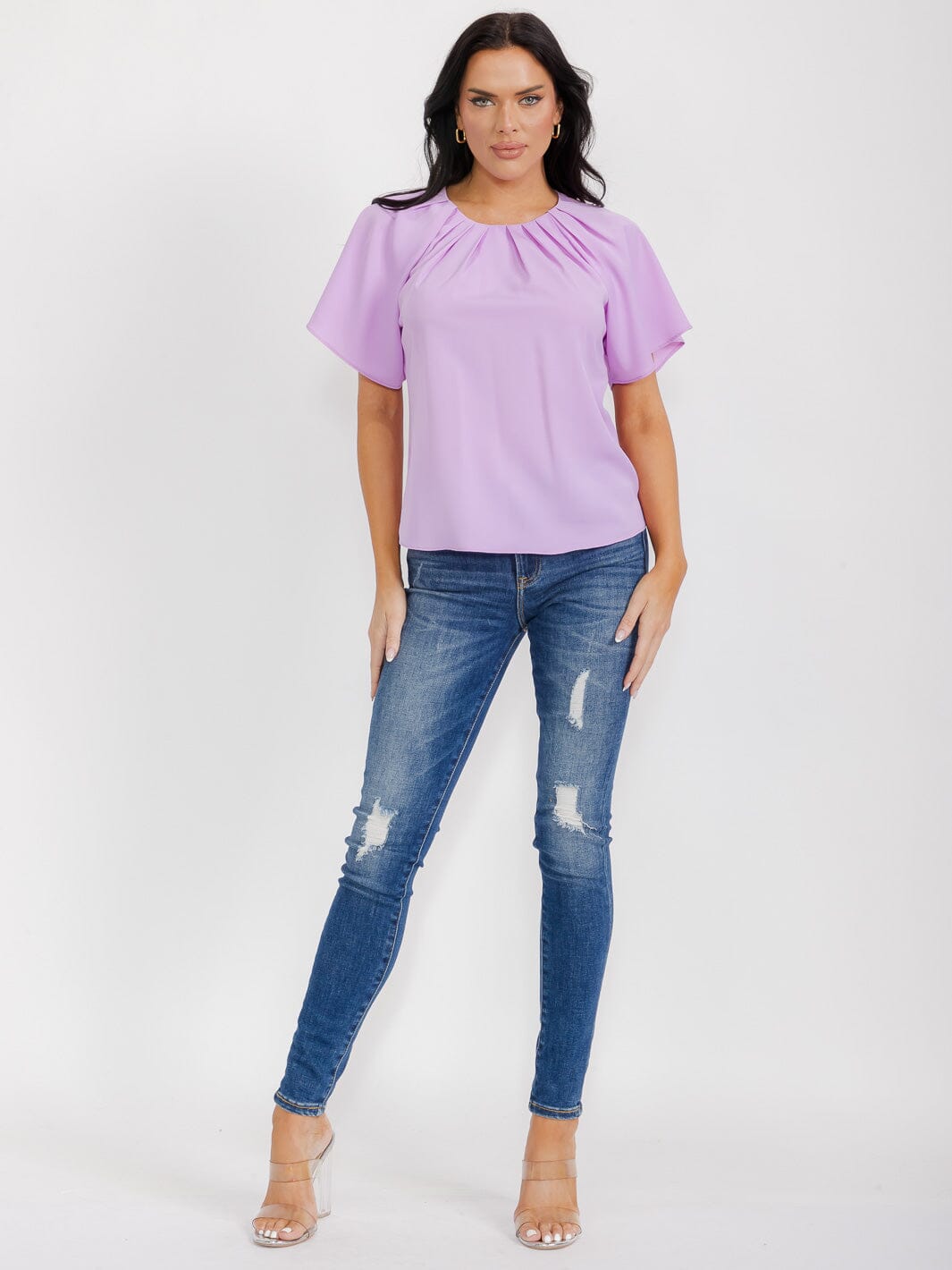 WOMEN'S SHORT SLEEVE CUT OUT BACK BLOUSE