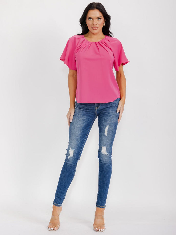 WOMEN'S SHORT SLEEVE CUT OUT BACK BLOUSE