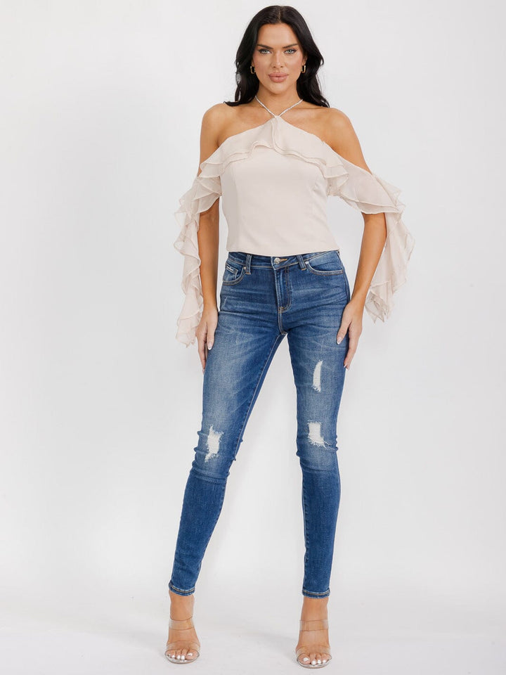 WOMEN'S OFF SHOULDER RUFFLE DETAILED HALTER NECK TOP