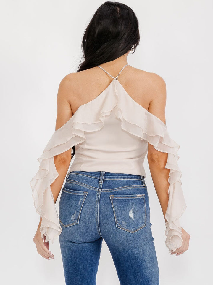 WOMEN'S OFF SHOULDER RUFFLE DETAILED HALTER NECK TOP
