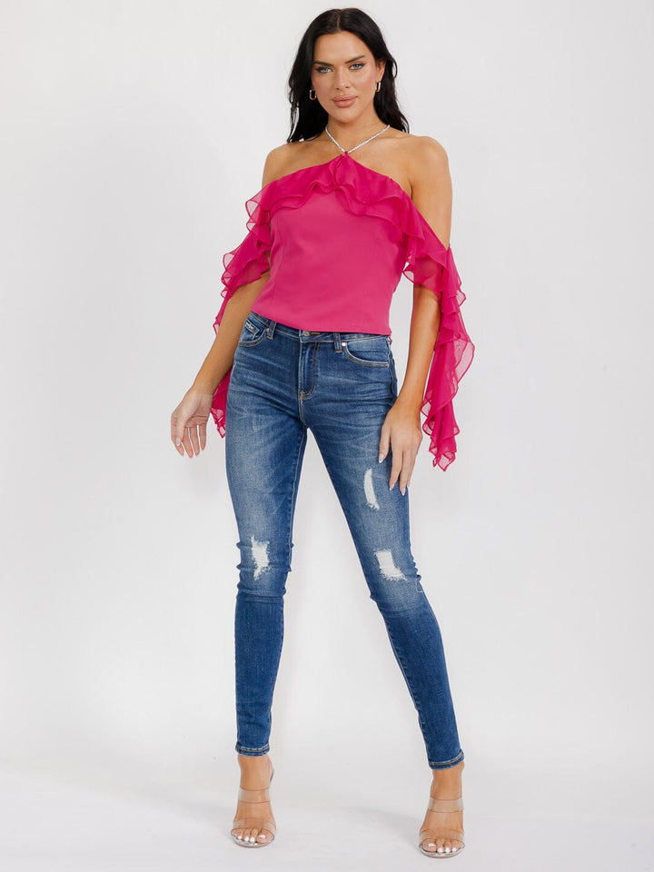 WOMEN'S OFF SHOULDER RUFFLE DETAILED HALTER NECK TOP