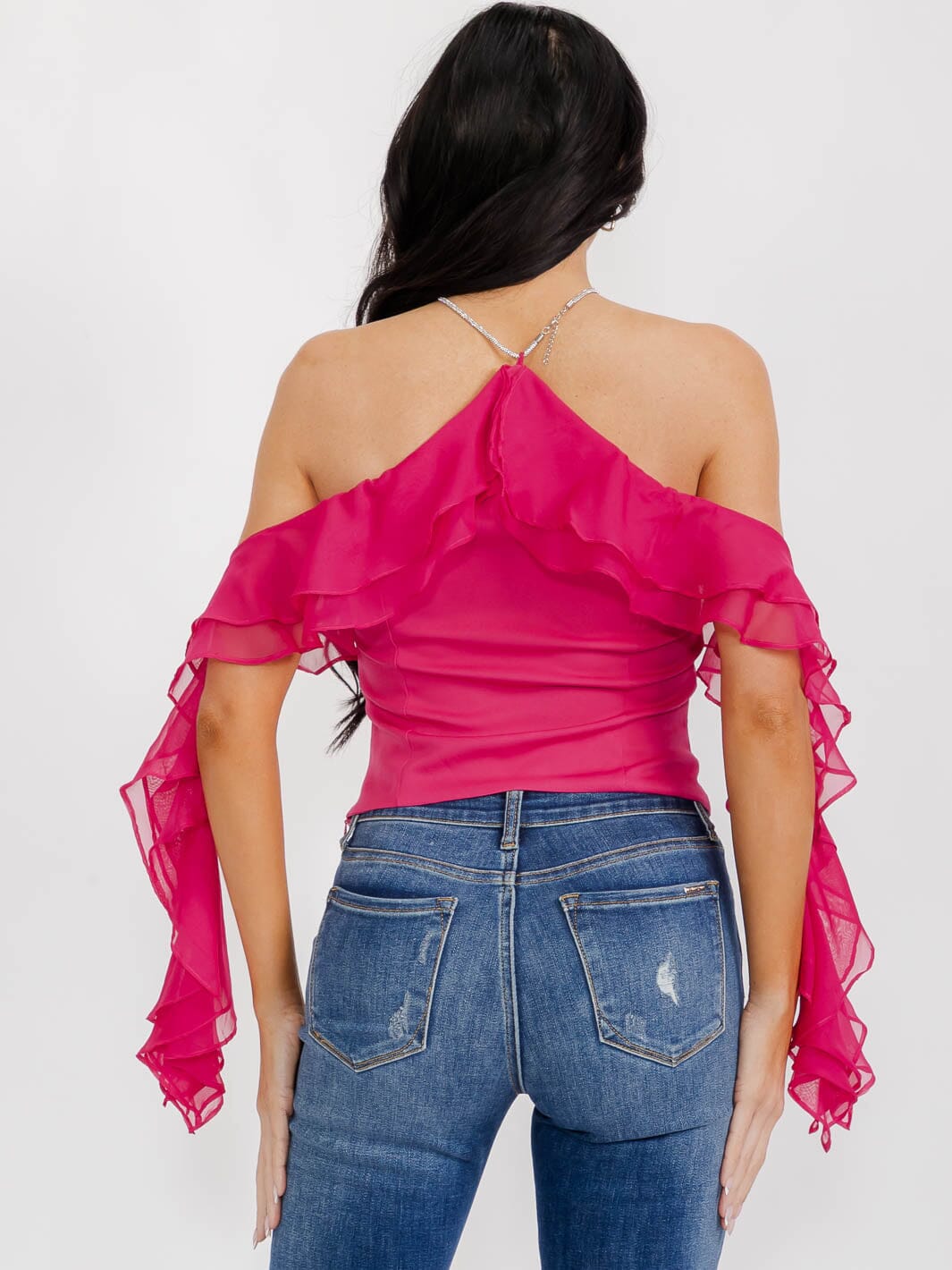 WOMEN'S OFF SHOULDER RUFFLE DETAILED HALTER NECK TOP