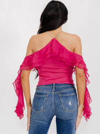 WOMEN'S OFF SHOULDER RUFFLE DETAILED HALTER NECK TOP