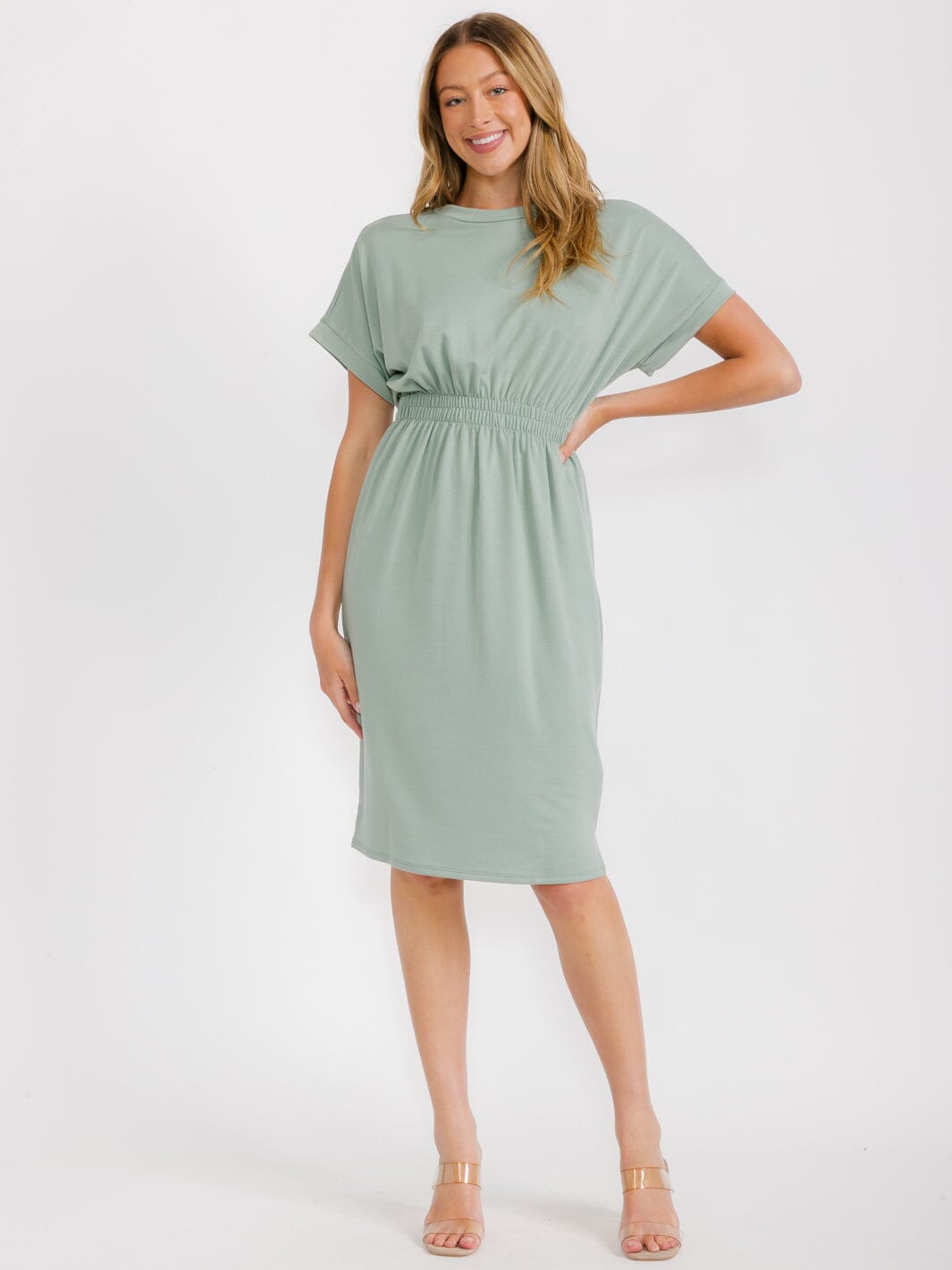 WOMEN'S SHORT SLEEVES ELASTIC WAIST MIDI DRESS