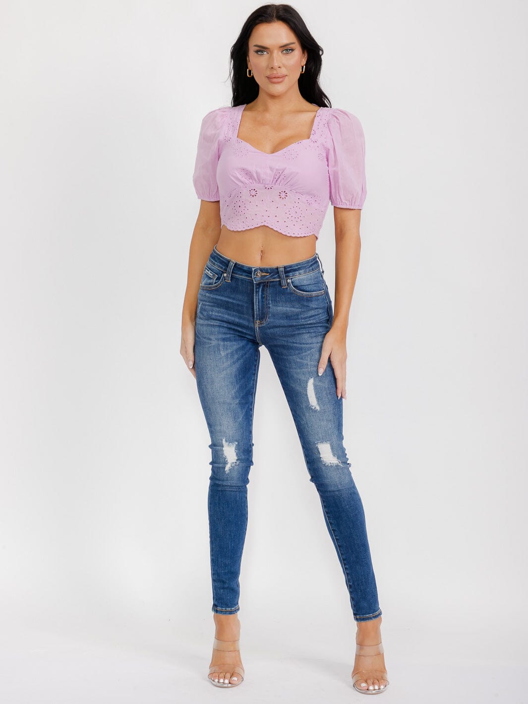 WOMEN'S SHORT SLEEVES SMOCK EYELET CROP TOP