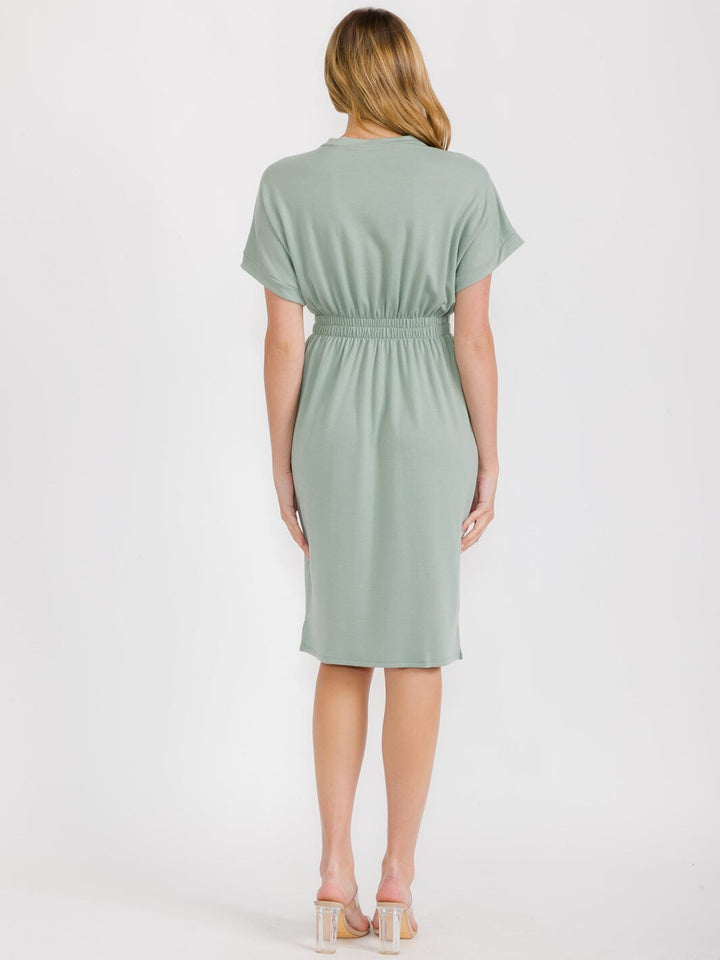 WOMEN'S SHORT SLEEVES ELASTIC WAIST MIDI DRESS