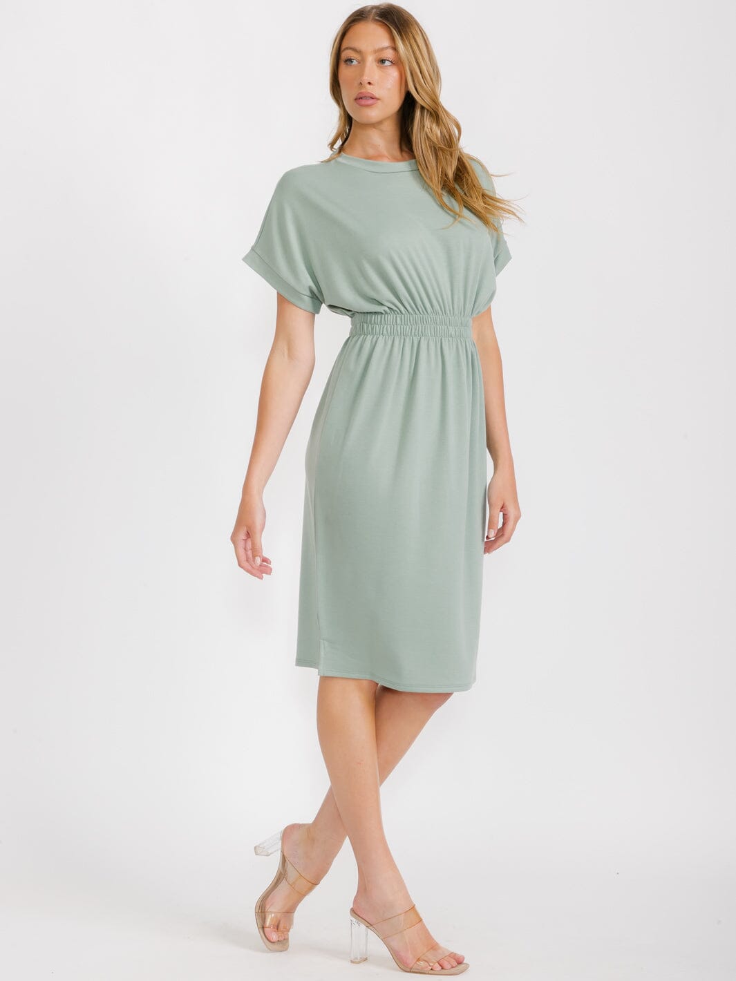 WOMEN'S SHORT SLEEVES ELASTIC WAIST MIDI DRESS