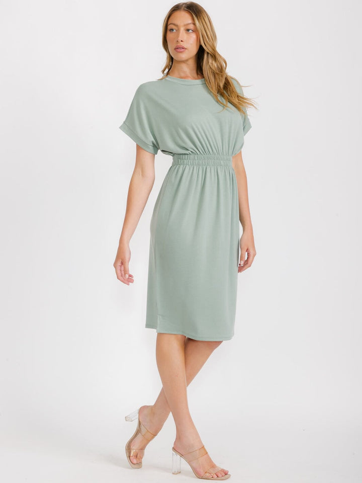 WOMEN'S SHORT SLEEVES ELASTIC WAIST MIDI DRESS