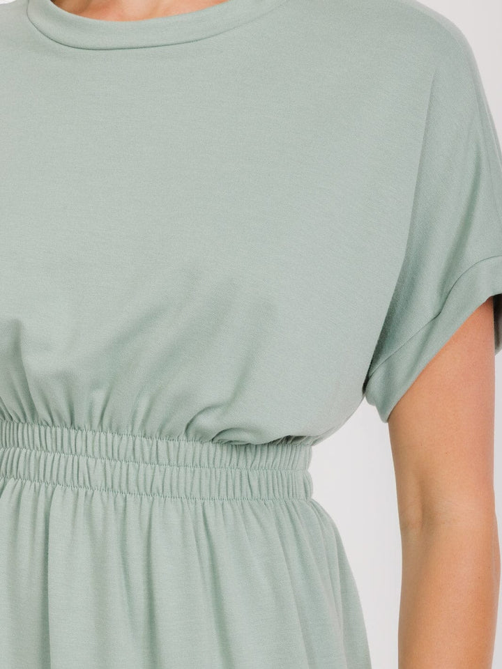 WOMEN'S SHORT SLEEVES ELASTIC WAIST MIDI DRESS